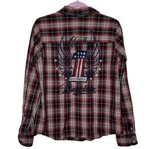 Harley Davidson Plaid Embroidered Pearl Button Down T-Shirt